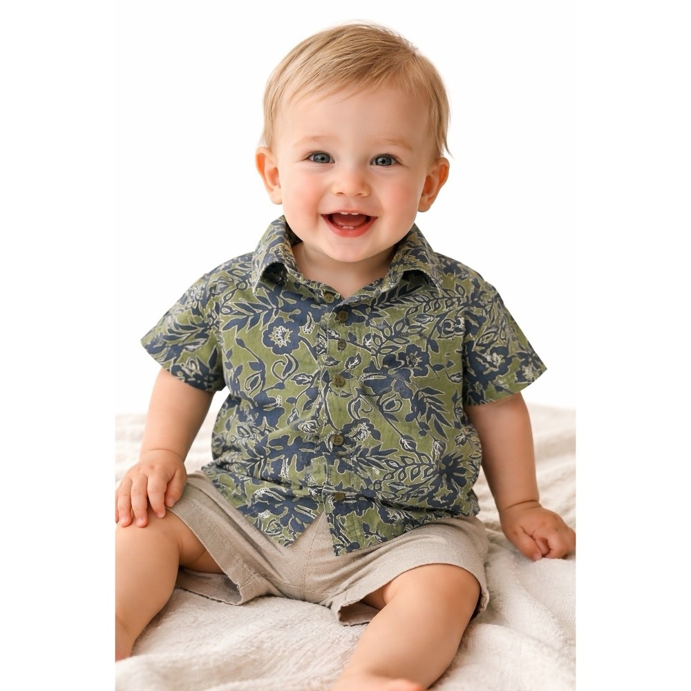 Vintage 2002 Sesame‎ Street baby shirt 12M green blue floral button front cotton